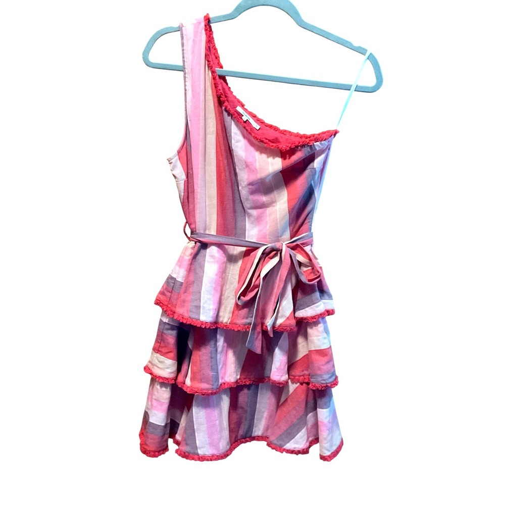 TULAROSA Revolve women's Malibu striped Y2K tiered one shoulder pink red dress S